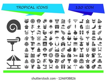 Vector icons pack of 120 filled tropical icons. Simple modern icons about  - Shell, Sunbed, Cocktail, Coconut drink, Kiwi, Seashell, Coconut, Summer, Seaweed, Surfboard, Seahorse