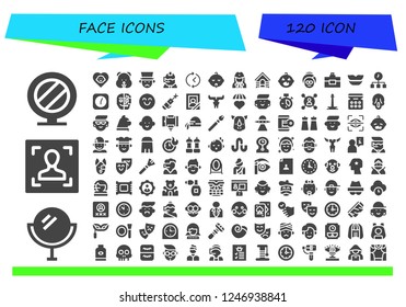 Vector icons pack of 120 filled face icons. Simple modern icons about  - Mirror, Face, Baby, Hamster, Gentleman, Call center, Time, Stewardess, Dog, Spa, Perfume, Lips, Clock