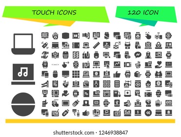 Vector icons pack of 120 filled touch icons. Simple modern icons about  - Laptop, Tablet, Ebooks, Hand, Screen, Insert coin, Ebook, Pendrive, Responsive, Touch, Personal computer