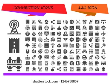 Vector icons pack of 120 filled connection icons. Simple modern icons about  - Signal, Bridge, Tower, Tablet, Satellite, Chains, Webcam, Share, Net, Mouse, Gear, Network, Dropbox