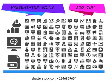 Vector icons pack of 120 filled presentation icons. Simple modern icons about  - Chart, Txt, Computer, Analytics, Whiteboard, Business, Tipi, Stats, Speakers, Presentation, Line chart
