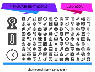 Vector icons pack of 120 filled measurement icons. Simple modern icons about  - Clocks, Time, Thermometer, Scale, Writing tool, Ruler, Watch, Balance, Alarm clock, Hourglass, Levels