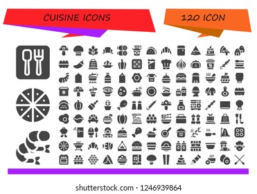 Vector icons pack of 120 filled cuisine icons. Simple modern icons about  - Restaurant, Shrimp, Pizza, Mushroom, Spinach, Croissant, Salami, Noodles, Taco, Fridge, Nachos, Creme caramel