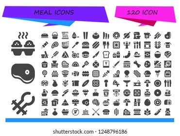Vector icons pack of 120 filled meal icons. Simple modern icons about  - Cupcake, Tongs, Steak, Bread, Pot, Spaghetti, Spoon, Chopsticks, Tomato, Knives, Donut, Rolling pin, Beater