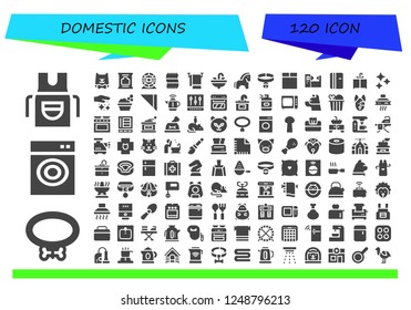 Vector icons pack of 120 filled domestic icons. Simple modern icons about  - Apron, Collar, Washing machine, Cat, Wipes, Hamster wheel, Towel, Sink, Horse, Machine, Refrigerator