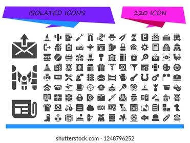 Vector icons pack of 120 filled isolated icons. Simple modern icons about  - Mail, Newspaper, Family, Witch, Cactus, Smartphone, Fork, Jeans, Solidarity, Hat, Pliers, Trophy, Parking