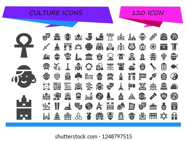 Vector icons pack of 120 filled culture icons. Simple modern icons about  - Ankh, Giralda, Portuguese, Theatre, Pagoda, Lantern, Taj mahal, Saint Patrick, Belem tower, Giant swing