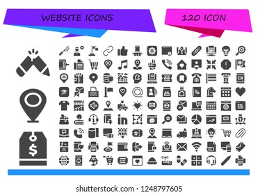 Vector icons pack of 120 filled website icons. Simple modern icons about  - Pencil, Tag, Placeholder, Net, Add user, Flag, Hyperlink, Like, Smartphone, Photos, Info, Bandage, Calculator