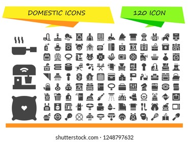 Vector icons pack of 120 filled domestic icons. Simple modern icons about  - Frying pan, Pillow, Mixer, Vacuum cleaner, Glass cleaner, Rat, Wipes, Dustpan, Refrigerator, Cat, Towel