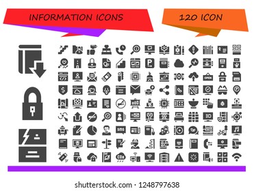 Vector icons pack of 120 filled information icons. Simple modern icons about  - Download, Business card, Padlock, Stairs, Folder, Technology, Bed, Support, Information, Computer