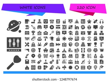 Vector icons pack of 120 filled white icons. Simple modern icons about  - Orbit, Lollipop, Mixer, Jar, Rubber ring, Reading, Socket, Butterfly, Coffee, Walkie talkie, Presentation