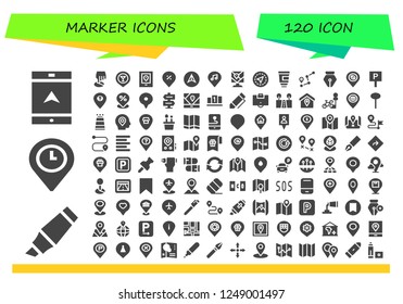 Vector icons pack of 120 filled marker icons. Simple modern icons about  - Navigation, Highlighter, Placeholder, Position, Gps, Pin, Location, Map, Paint tube, Route, Pen, Parking