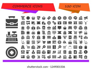 Vector icons pack of 120 filled commerce icons. Simple modern icons about  - Case, Coin, Cash register, Invoice, Coupon, Shopping basket, Money, Wallet, Shopping, Bitcoin, Line
