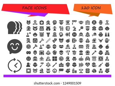 Vector icons pack of 120 filled face icons. Simple modern icons about  - Heads, Time, Happy, Cat, Invisible man, Clock, Call center, Head, Joker, Eye mask, Mask, Police, User