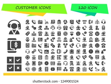 Vector icons pack of 120 filled customer icons. Simple modern icons about  - Customer service, Feedback, Discount, Call center, Telephone, Delivery cart, Clipboard, Rating, Phone