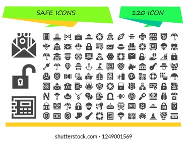 Vector icons pack of 120 filled safe icons. Simple modern icons about  - Money, Safebox, Unlock, Locker, Buoy, Police line, Exit, Hat, Lifesaver, Gas mask, Belt, Shield, Access