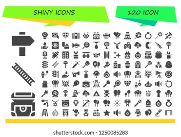 Vector icons pack of 120 filled shiny icons. Simple modern icons about  - Sign, Chest, Ladder, Light, Mirror, Diamond, Case, Trumpet, Balloons, Magician, Lollipop, Ring, Wash