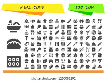 Vector icons pack of 120 filled meal icons. Simple modern icons about  - Salad, Cupcake, Bread, Samosa, Salami, Taco, Barbecue, Pie, Sushi, Meat, Knife, Bitterballen, Mushroom