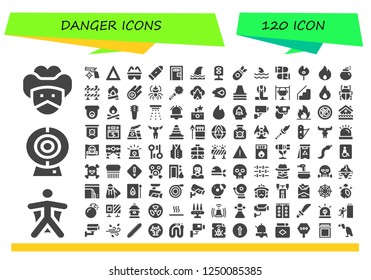 Vector icons pack of 120 filled danger icons. Simple modern icons about  - Bandit, Wingsuit, Cam, Gun, Fire, Safety, Bullet, Death penalty, Shark, Traffic light, Bomb, Bullets