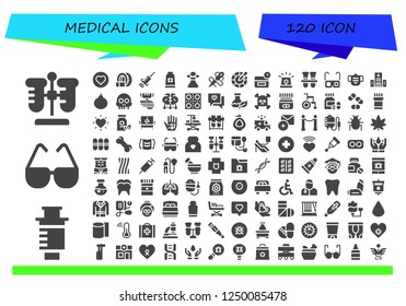 Vector icons pack of 120 filled medical icons. Simple modern icons about  - Test tube, Syringe, Glasses, Love, Tomography, Toothpaste, Poison, Needle, Color, Anti age, Siren, Test tubes