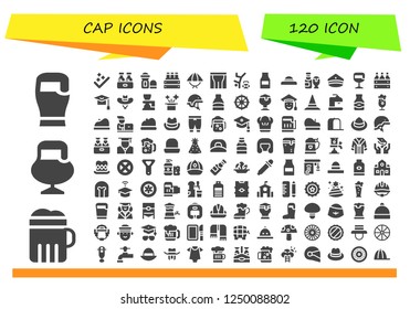 Vector icons pack of 120 filled cap icons. Simple modern icons about  - Beer, Success, Deodorant, Hat, Pants, Hip hop, Beer bottle, Police hat, Beer box, Mortarboard, Helmet, Helm