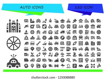 Vector icons pack of 120 filled auto icons. Simple modern icons about  - Monaco, Police car, Wheel, Bus, Seat, Taxi, Parking, Tungsten, Wash, Robot, Autonomous car, Pistons, Garage