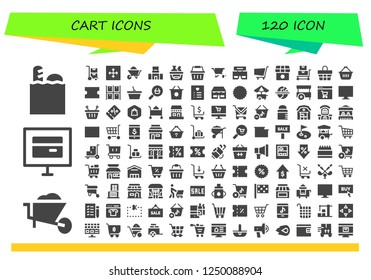 Vector icons pack of 120 filled cart icons. Simple modern icons about  - Groceries, Wheelbarrow, Online store, Trolley, Move, Mall, Shopping basket, Shop, Shopping cart, Basket