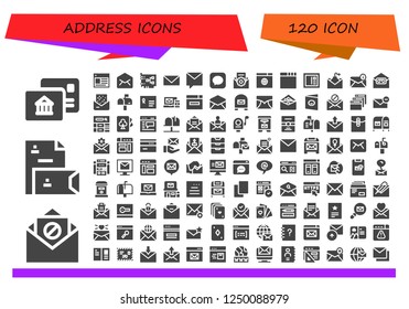 Vector icons pack of 120 filled address icons. Simple modern icons about  - Postal, Email, Stationery, Web, Card, Private message, Message, Browser, Postcard, Invitation, Mailbox