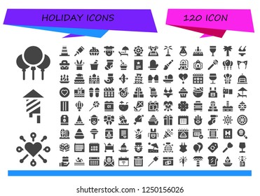 Vector icons pack of 120 filled holiday icons. Simple modern icons about  - Balloons, Heart, Fireworks, Cake, Candy, Joker, Sunbed, Ferris wheel, Dirndl, Island, Party hat, Candle