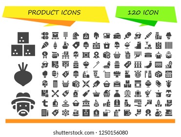 Vector icons pack of 120 filled product icons. Simple modern icons about  - Sugar cube, Farmer, Beet, Salami, Conveyor, Popsicle, Strategy, Label, Package, Cheese, Ice cream, Basket