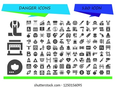 Vector icons pack of 120 filled danger icons. Simple modern icons about  - Cobra, Fall, Guillotine, Pirate, Smoke detector, Stairs, Bonfire, Flea, Wheelchair, Campfire, Alarm