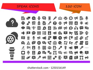 Vector icons pack of 120 filled speak icons. Simple modern icons about  - Question, Microphone, Chat, Text, Loudspeaker, Commentator, Megaphone, Discussion, Faq, Speaker, Speech