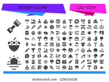 Vector icons pack of 120 filled season icons. Simple modern icons about  - Rake, Sunrise, Acorn, Umbrella, Beach umbrella, Frozen, Blossom, Ski, Fern, Fall, Palm tree, Thermometer