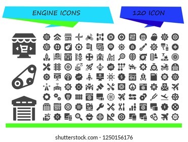 Vector icons pack of 120 filled engine icons. Simple modern icons about  - Online marketing, Garage, Timing belt, Gear, Market, Plane, Motorbike, Chassis, Wheel, Wheels, Settings