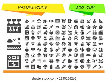 Vector icons pack of 120 filled nature icons. Simple modern icons about  - Farming, Earthquake, Sea, Watermelon, Genetic, Picnic table, Watering can, Fish bone, Flood, Pig, Picture