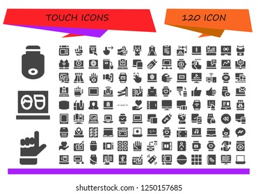 Vector icons pack of 120 filled touch icons. Simple modern icons about  - Pendrive, Hand, Laptop, Graphic tablet, Click, Swipe right, Fingerprint scan, Slider, Phone book, Touch screen