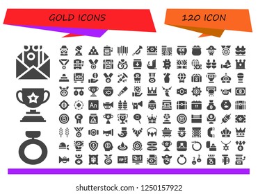Vector icons pack of 120 filled gold icons. Simple modern icons about  - Money, Ring, Trophy, Leprechaun, Ingot, Slot machine, Wheat, Trumpet, Fish bowl, Gold, Pirate, Medal, Chest