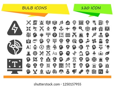 Vector icons pack of 120 filled bulb icons. Simple modern icons about  - Energy, Typography, Geothermal, Graphic design, Initiative, Torch, Ecologism, Idea, Eco fuel, Minimize
