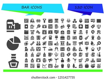 Vector icons pack of 120 filled bar icons. Simple modern icons about  - Beer, Whiskey, Chart, Coding, Toast, Bottle opener, Analytics, Slot machine, Chair, Chocolates, Https, Barcode