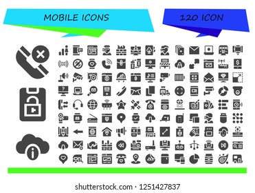Vector icons pack of 120 filled mobile icons. Simple modern icons about  - Phone, Cloud, Lock phone, Development, Mobile, Browser, Call center, Firewall, Computer, Cards, Mail