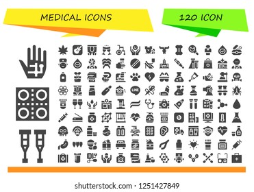 Vector icons pack of 120 filled medical icons. Simple modern icons about  - Radiography, Crutches, Pills, Marijuana, Garage band, Leggings, Glasses, Wheelchair, Psychology, Skull
