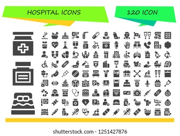 Vector icons pack of 120 filled hospital icons. Simple modern icons about  - Medicine, Bed, Test tube, Mortar, Hospital, Blood pressure, Pill, Pharmacist, Inhaler, Checker
