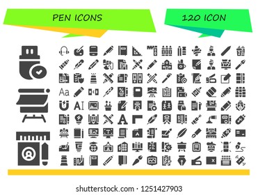 Vector icons pack of 120 filled pen icons. Simple modern icons about  - Pendrive, Ruler, Canvas, Lesson, Paint, Eraser, Pen, Notebook, Rulers, Crayon, Pencil, Artist, Highlighter
