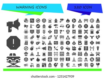 Vector icons pack of 120 filled warning icons. Simple modern icons about  - Loudspeaker, Elevator, Spam, Alert, Fuse, No food, Radioactive, Siren, Hydrant, Security camera, Fire