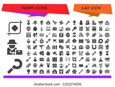 Vector icons pack of 120 filled farm icons. Simple modern icons about  - Crop, Sickle, Farmer, Shovel, Vane, Spinach, Ostrich, Windmill, Rake, Fried chicken, Milk, Diary product
