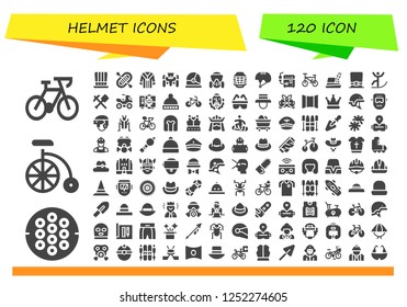 Vector icons pack of 120 filled helmet icons. Simple modern icons about  - Bicycle, Hockey, Bike, Hat, Rafting, Uniform, Race car, Helmet, Gas mask, Welder, Skiing, Mine, Quad