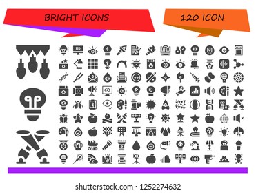 Vector icons pack of 120 filled bright icons. Simple modern icons about  - Garlands, Spotlight, Lightbulb, Idea, Hd, View, Torch, Letter, Creativity, Ideas, Eye