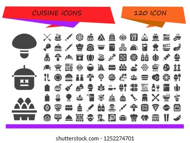 Vector icons pack of 120 filled cuisine icons. Simple modern icons about  - Mushroom, Eggs, Pot, Skewers, Tofu, Skewer, Pizza, Burger, Samosa, Grater, Onion, Restaurant, Mousse