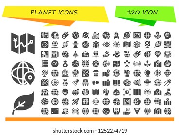 Vector icons pack of 120 filled planet icons. Simple modern icons about  - Map, Green energy, World, Worldwide, Meteorite, Orbit, Rocket, Globe, Planet, Global, Dohyo, Earth grid