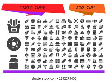 Vector icons pack of 120 filled tasty icons. Simple modern icons about  - French fries, Syrup, Doughnut, Ice cream, Sausage, Cake, Lollipop, Chocolate, Cream, Hotdog, Drumsticks